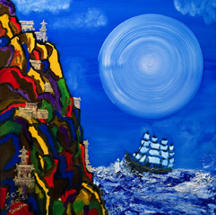 題名：航向寶山, 2008年, 油彩．壓克力‧畫布, 89.5x89.5cm (40正方)